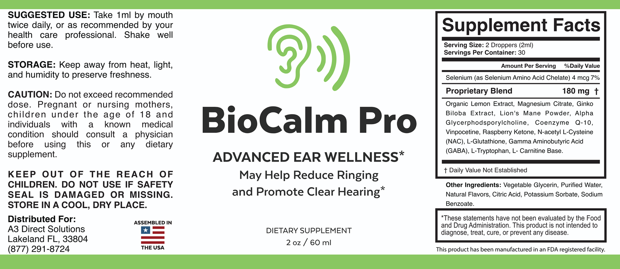 BioCalm Pro Supplement Facts Label